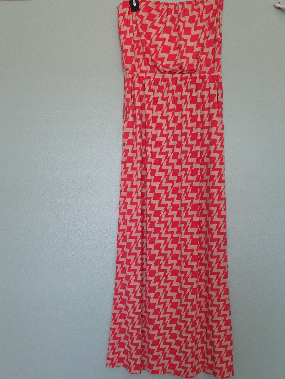 Strapless Chevron Maxi Dress in Coral and Cream